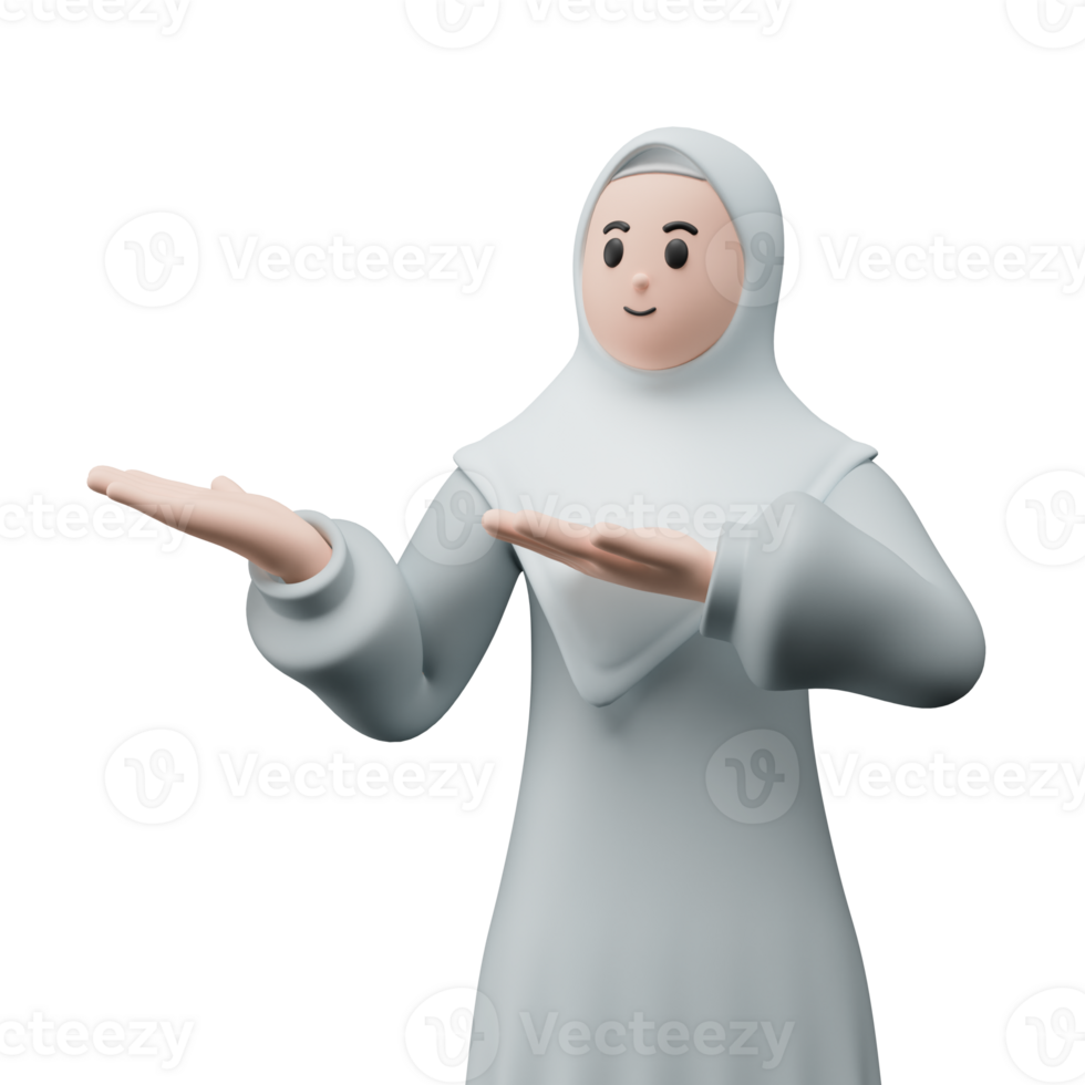 3d hacer retrato de musulmán personas vistiendo hiyab contento joven adulto mujer señalando y demostración producto a el lado. eid Mubarak concepto. png