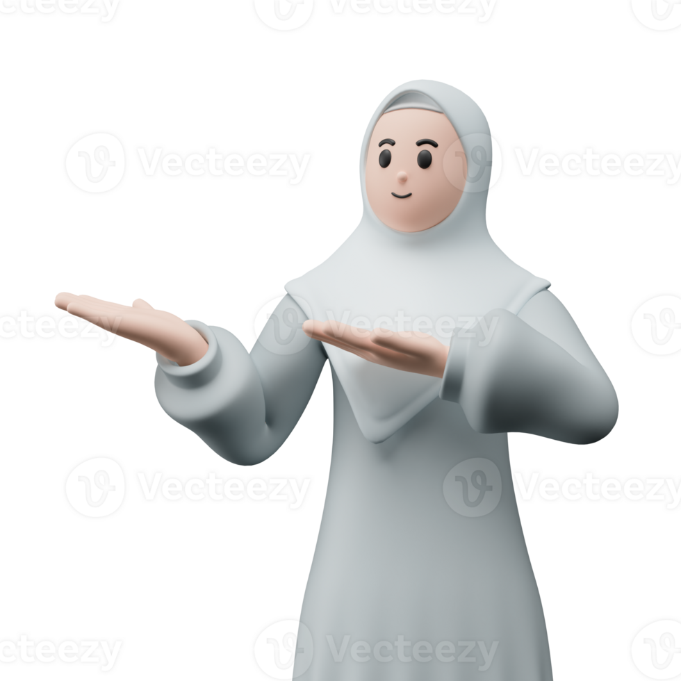 3D render portrait of muslim people wearing hijab. Happy young adult woman pointing and showing product to the side. Eid mubarak Concept. png