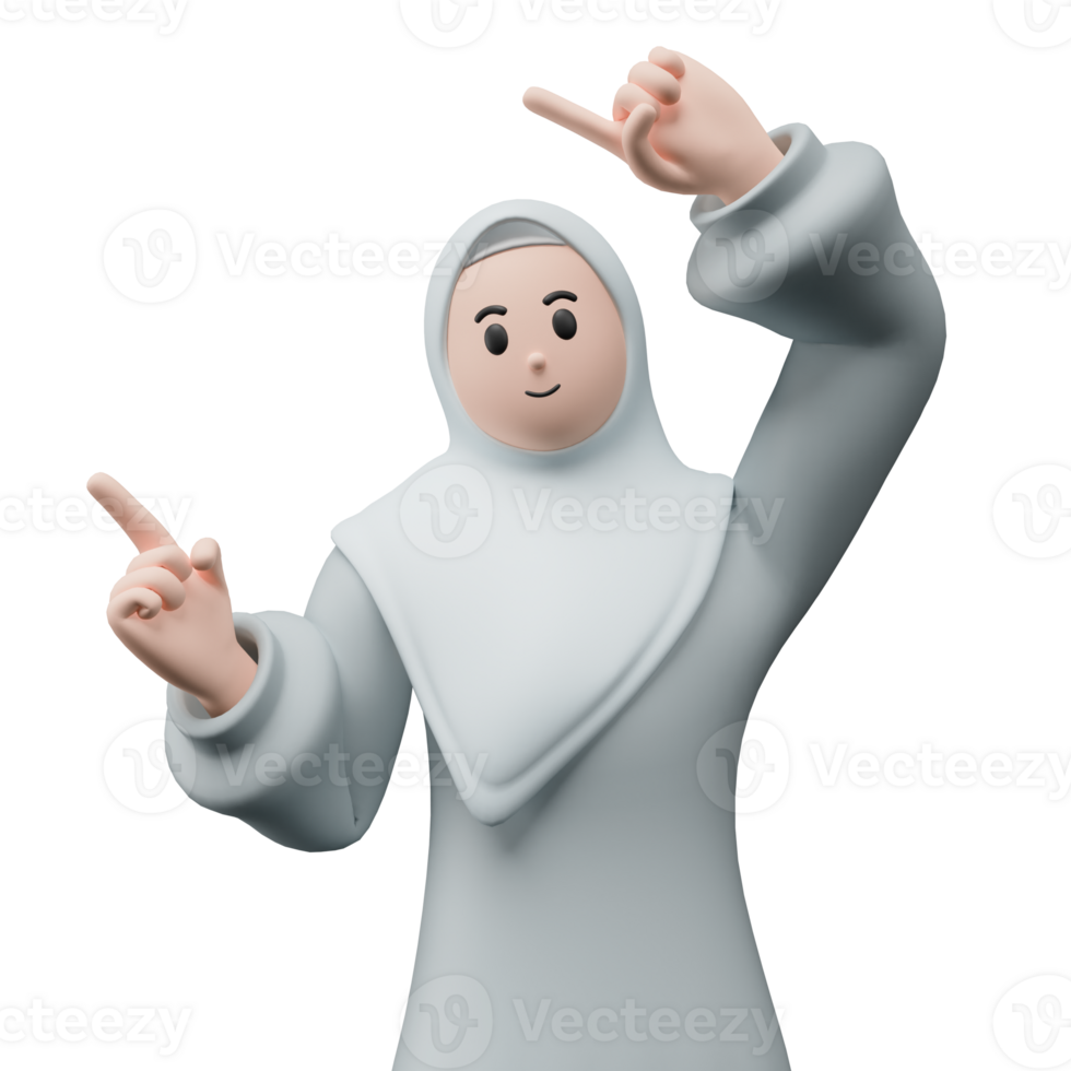 3D render portrait of muslim people wearing hijab. Happy young adult woman pointing and showing product to the side. Eid mubarak Concept. png