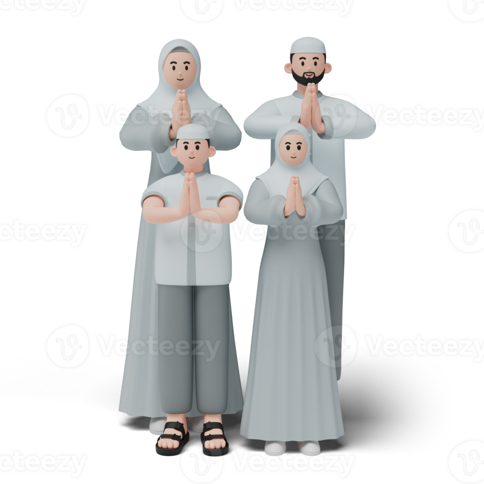 3D character render of muslim people. Happy family showing apologize and welcome hand gesture. Apology during eid mubarak. Isolated image on white background png