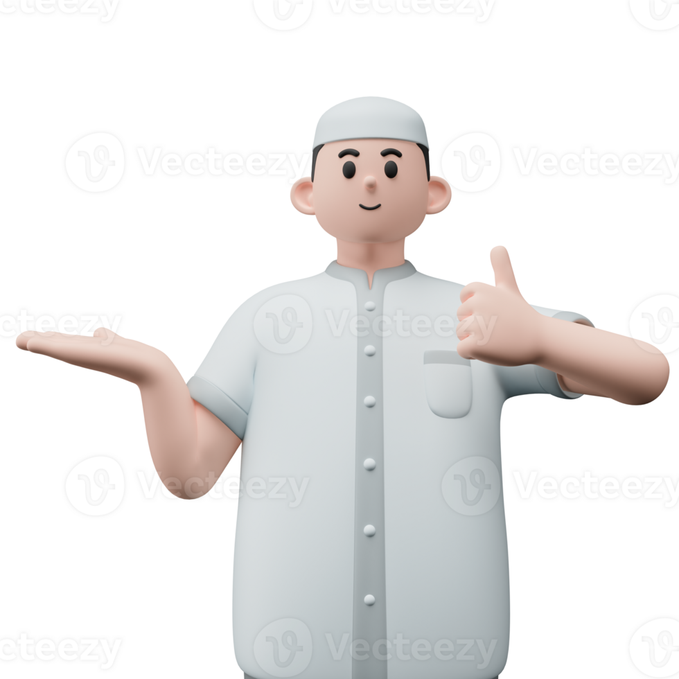 3D render portrait of muslim people with skullcap. Happy young adult man pointing and showing product to the side. Eid mubarak Concept. png