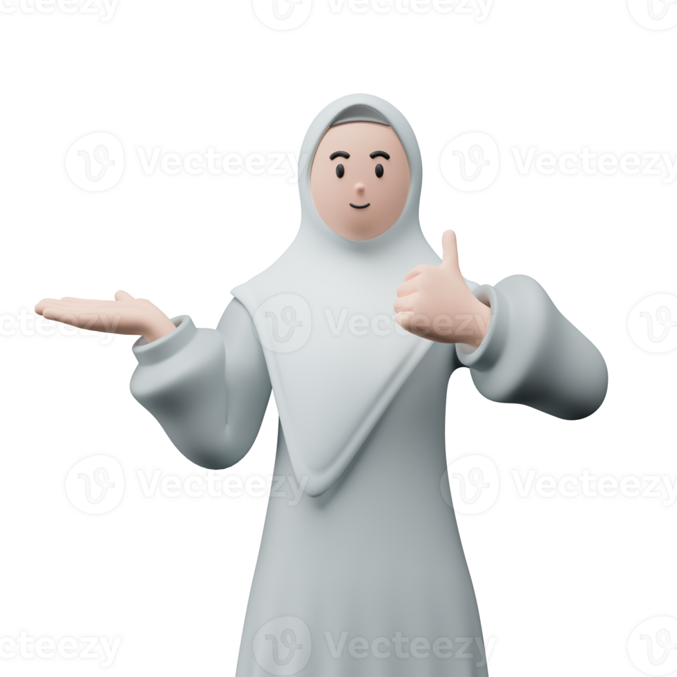 3D render portrait of muslim people wearing hijab. Happy young adult woman pointing and showing product to the side. Eid mubarak Concept. png