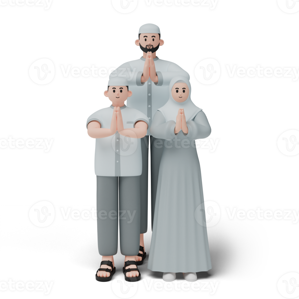 3D render of muslim people. Happy family showing apologize and welcome hand gesture. Apology during eid mubarak. Full length character isolated image on white background png