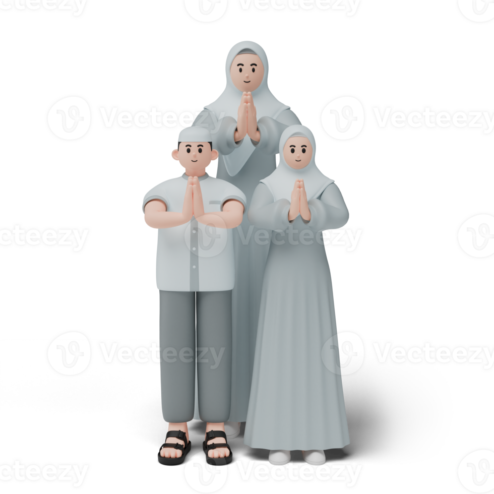 3d render do muçulmano pessoas. feliz família mostrando peça desculpas e bem-vinda mão gesto. desculpa durante eid mubarak. cheio comprimento personagem isolado imagem em branco fundo png