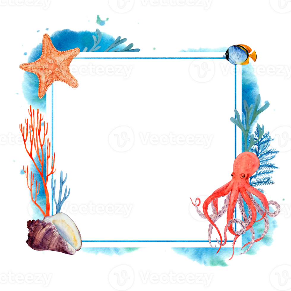 Square frame with tropical sea animals, fish, starfish, coral and octopus. Watercolor illustration with sea splashes and paint stains. For cards, posters, menus, beach and sea accessories. png