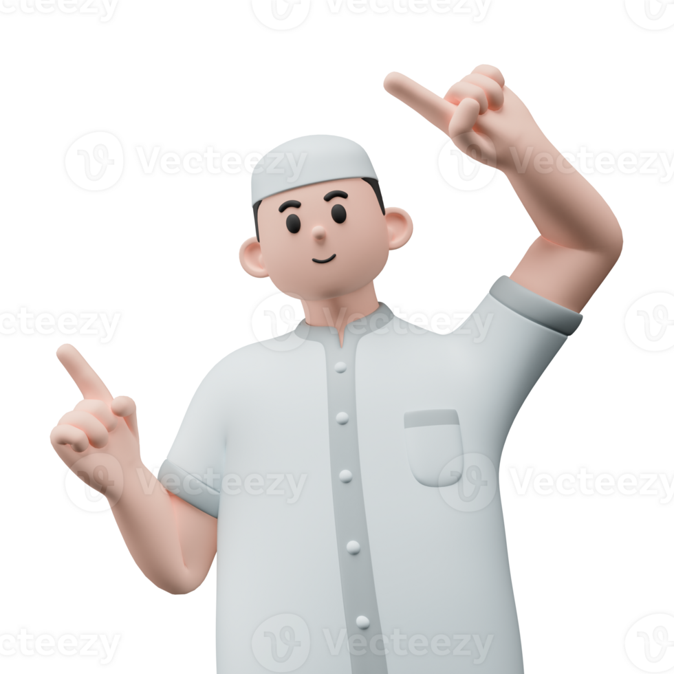 3D render portrait of muslim people with skullcap. Happy young adult man pointing and showing product to the side. Eid mubarak Concept. png