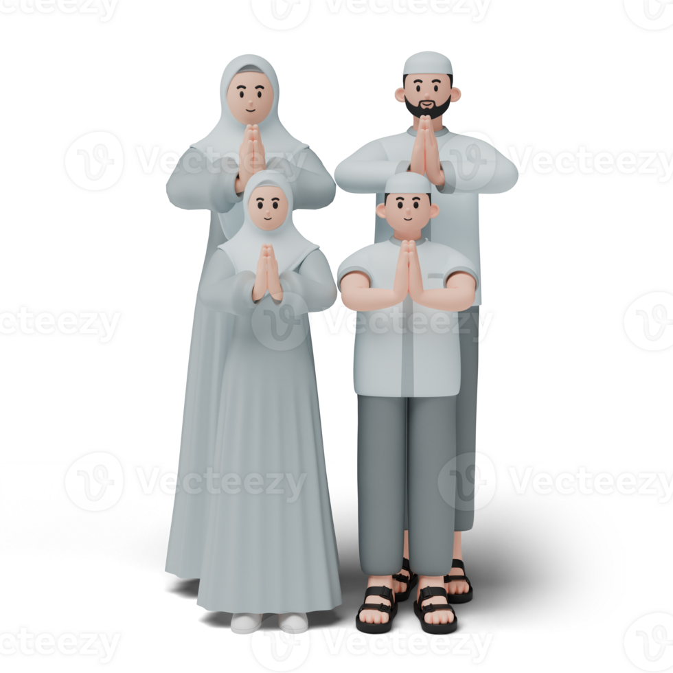 3d personnage rendre de musulman personnes. content famille montrant s'excuser et Bienvenue main geste. excuses pendant eid moubarak. isolé image sur blanc Contexte png