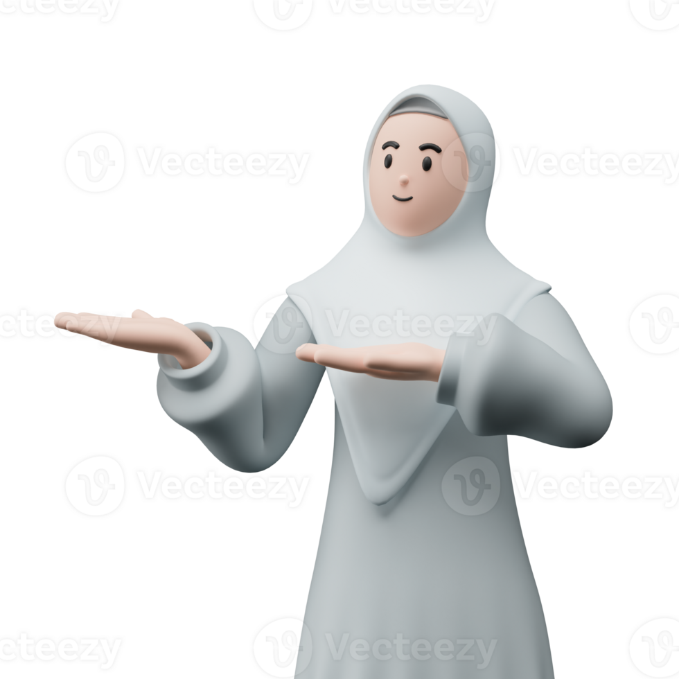 3D render portrait of muslim people wearing hijab. Happy young adult woman pointing and showing product to the side. Eid mubarak Concept. png