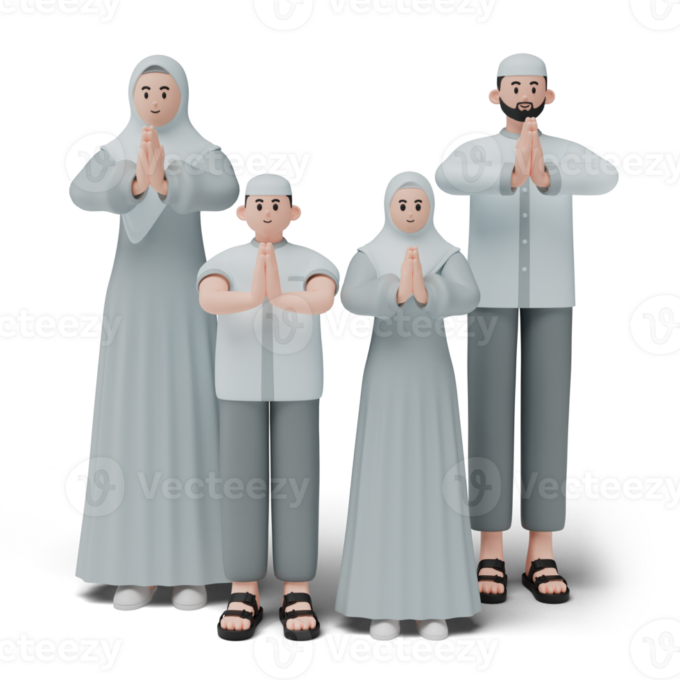 3D character render of muslim people. Happy family showing apologize and welcome hand gesture. Apology during eid mubarak. Isolated image on white background png