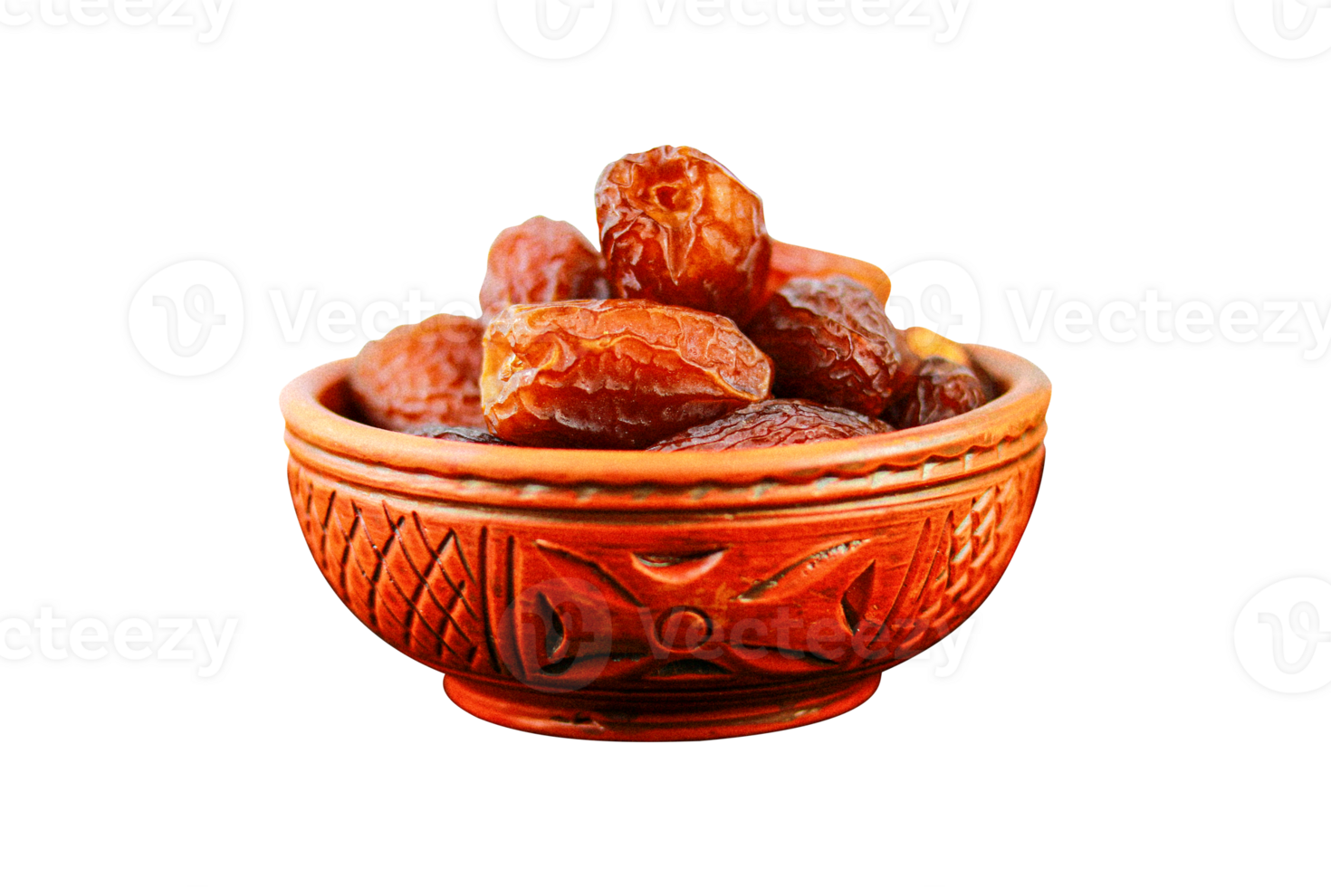 Dates fruit in a clay bowl isolated on a transparent background png