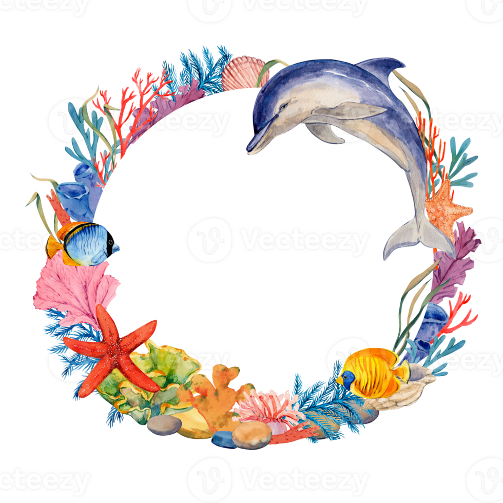 Wreath of sea animals. Watercolor round frame made of corals, algae, fish, dolphin. Clipart for design in tropical style. png