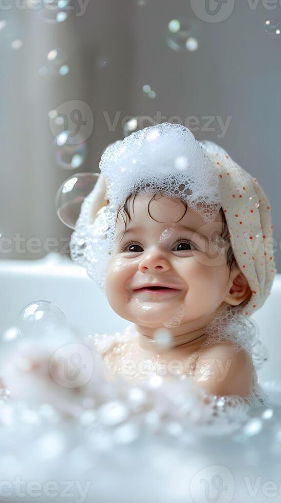 AI generated Babys bath time bubbles and giggles photo