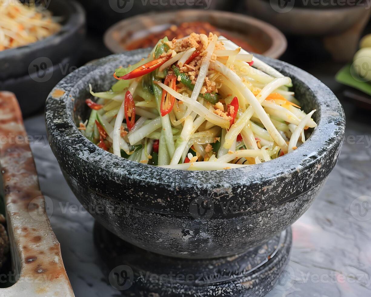 AI generated Som Tam spicy green papaya salad photo