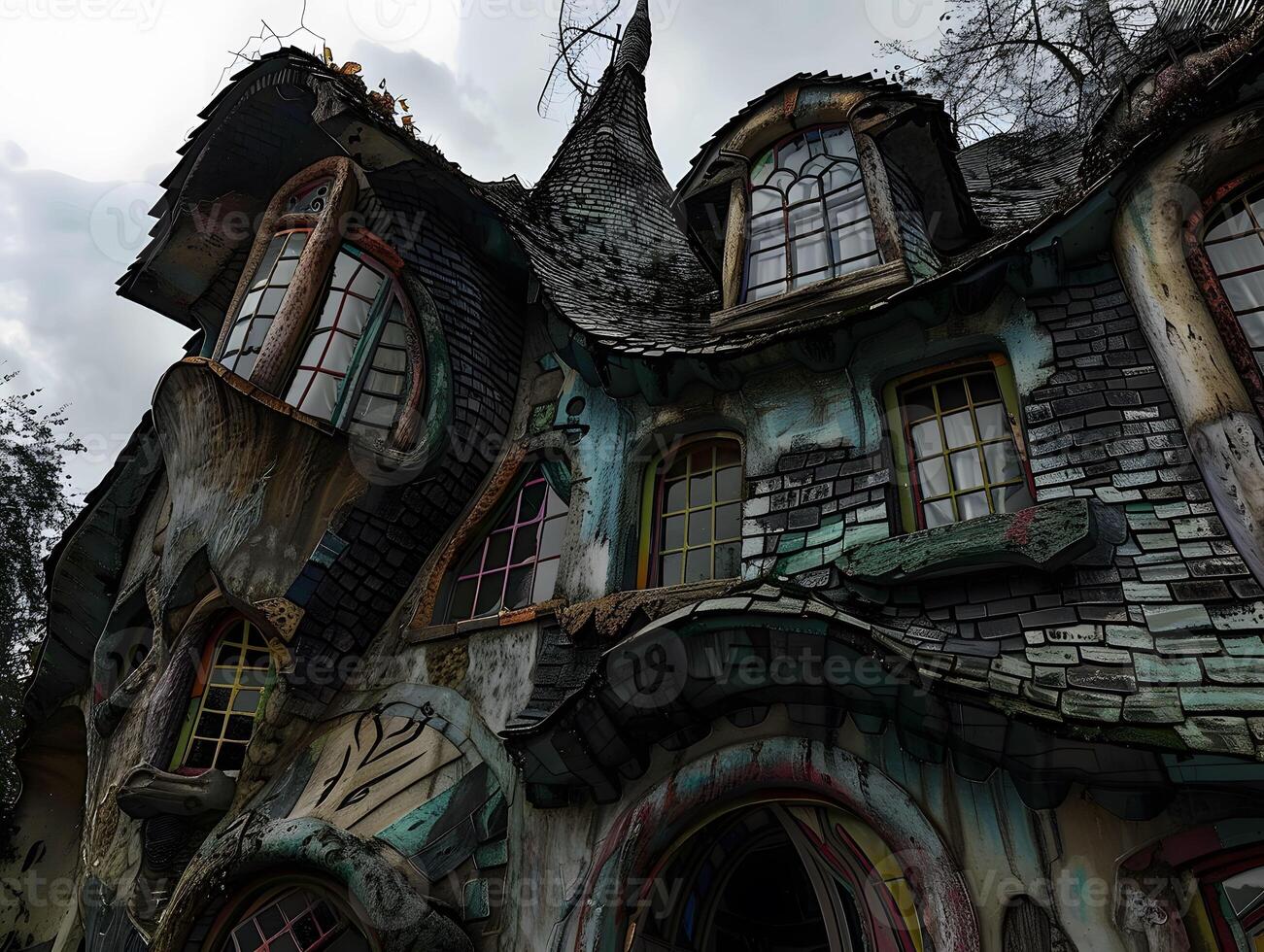 AI generated The Crooked House a meeting place for those who walk the crooked path of magic its twisted form a symbol of the power to bend reality photo