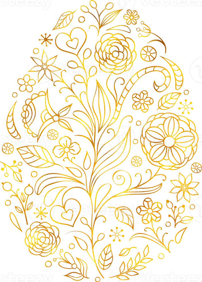 Easter egg decorated with flowers with gold foil effect png