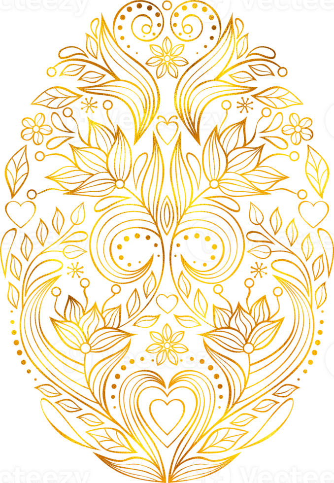 Easter egg decorated with flowers with gold foil effect png