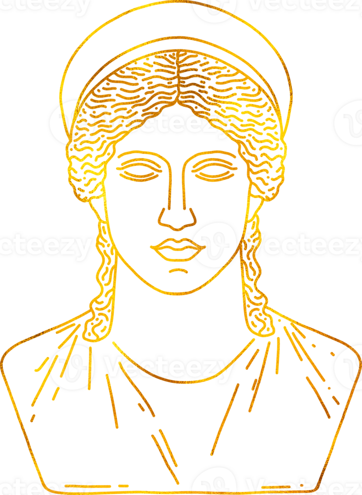 Greek Goddess Hera in doodle style with gold foil effect. png