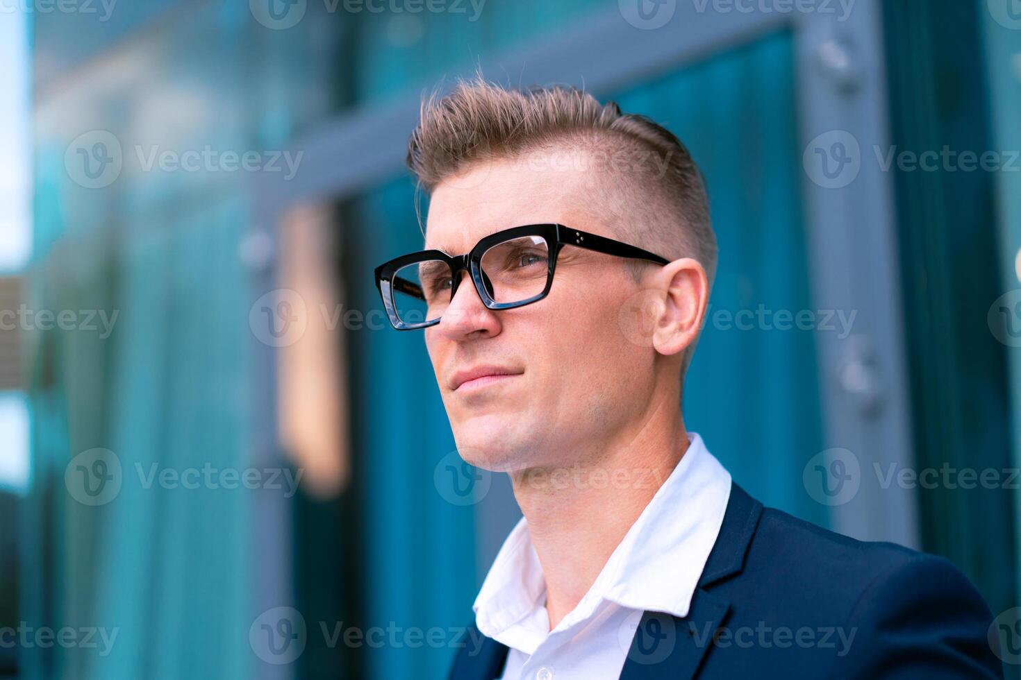 Business. Businessman Glasses Standing City Street Near Office Building photo