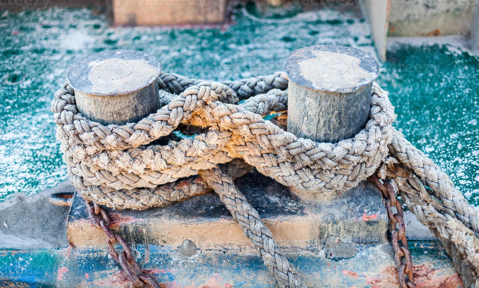 Close Up of Boat Rope Tied on Figure Eight Cleat Hitch photo