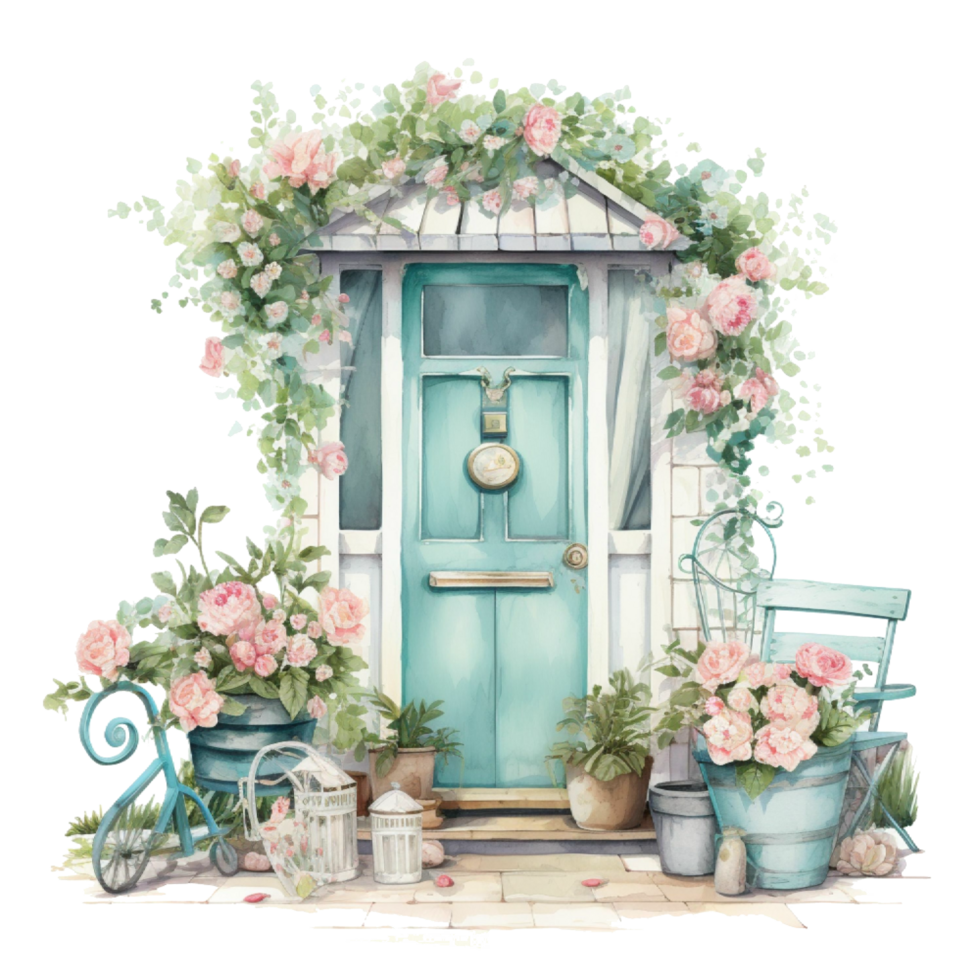 AI generated Rustic Porch Door flower watercolor painting png