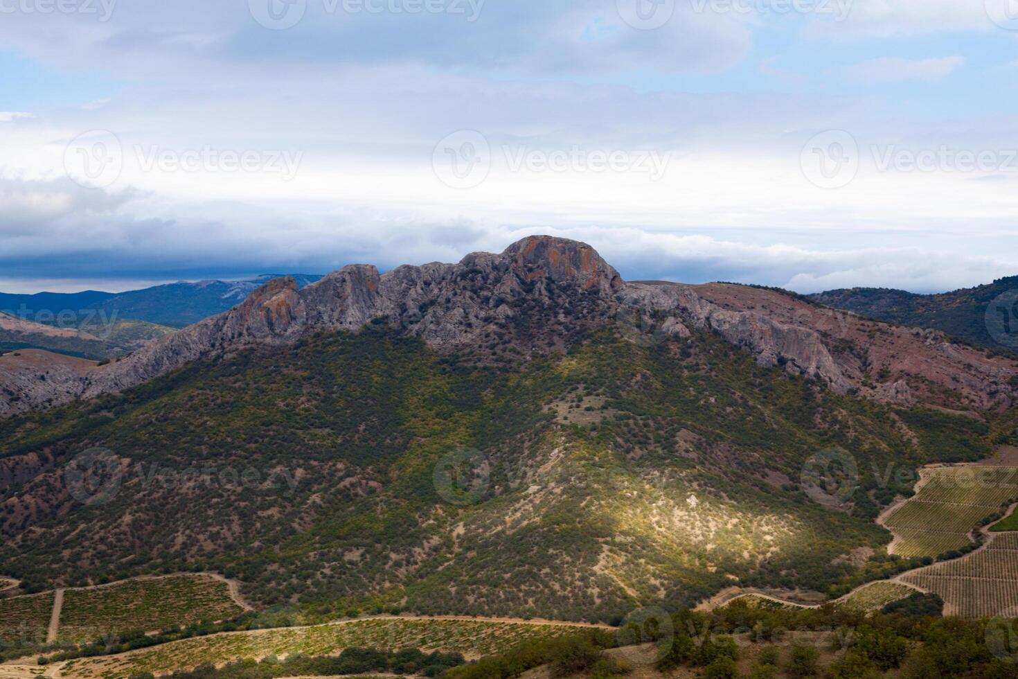 beautiful valley in the mountains with vineyards photo