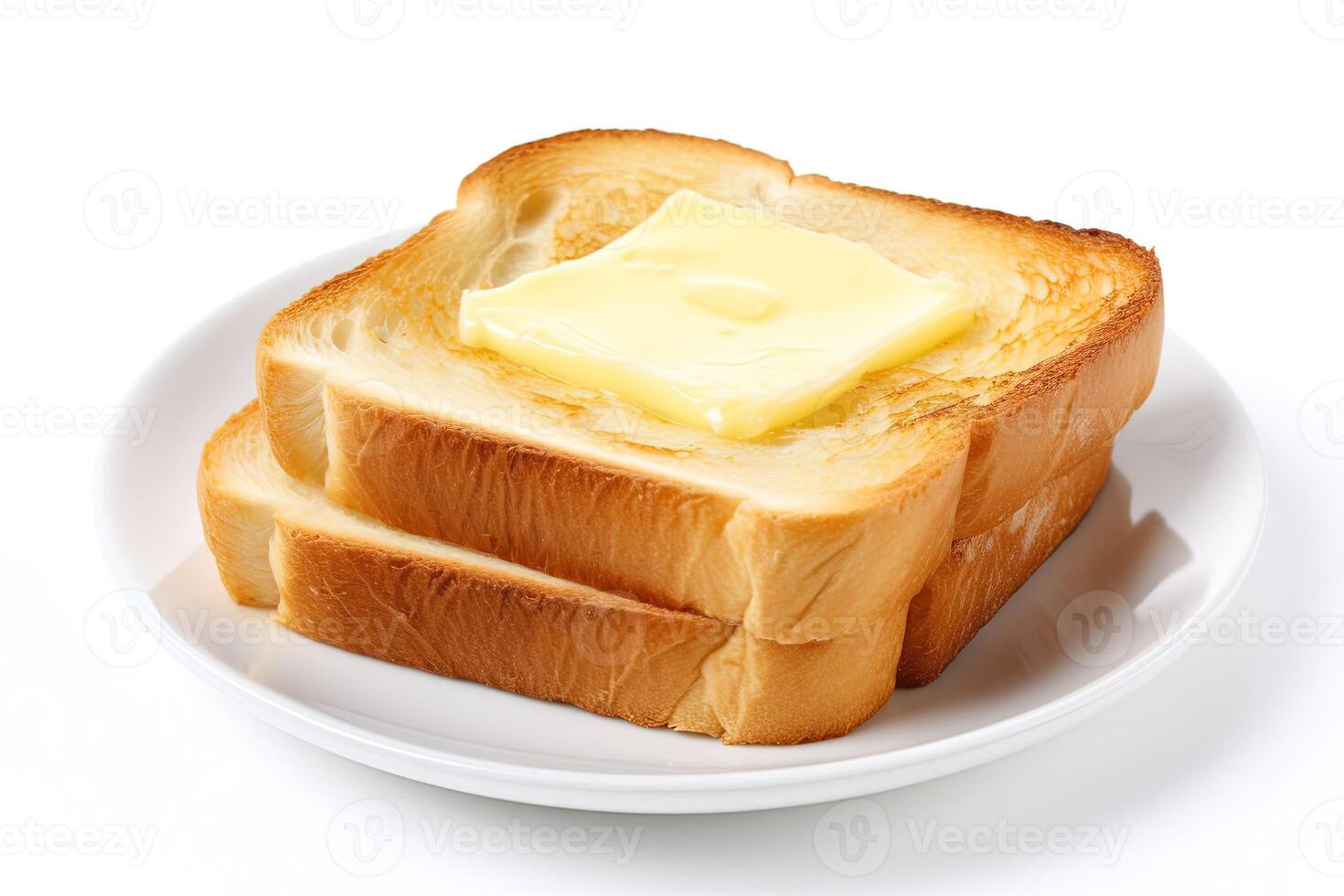 ai generado plato con tostado un pan y mantequilla en blanco fondo, foto