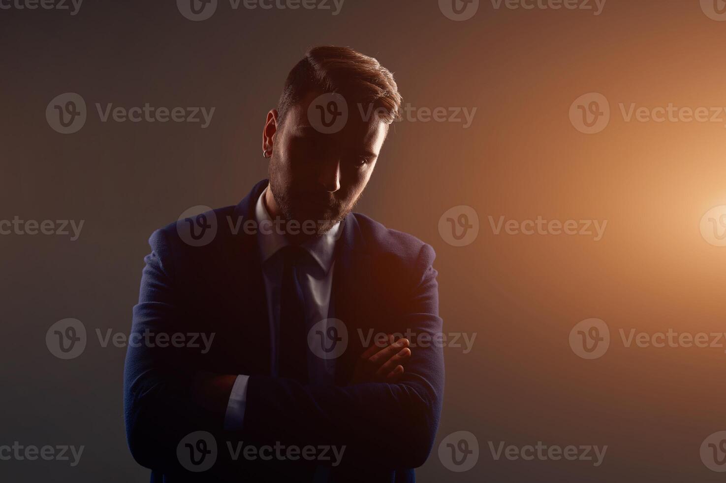 Close up portrait young man businessman. Caucasian guy business suit studio gray background. photo