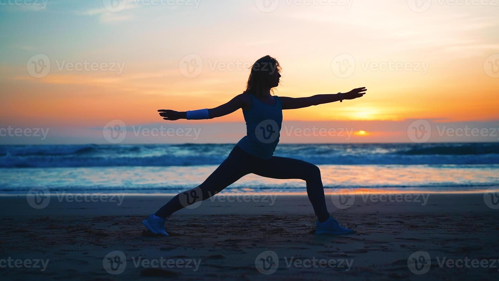 Silhouette Woman practice yoga warrior pose to meditation with summer vacation beach happiness and relaxation. Calm female exercise with yoga meditate ocean beach with sunset golden time. photo