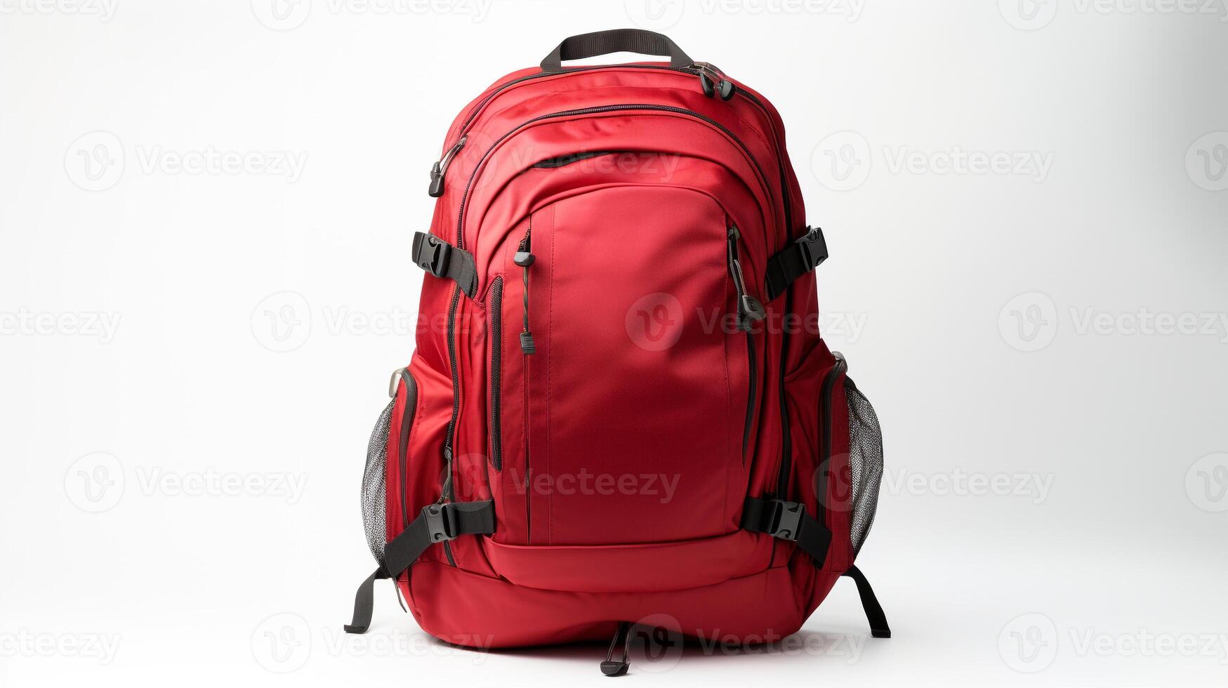 ai generado rojo viaje mochila bolso aislado en blanco antecedentes con Copiar espacio para anuncio publicitario. ai generado foto