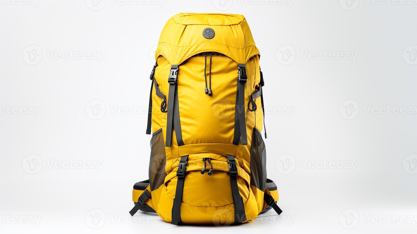 ai generado amarillo excursionismo mochila bolso aislado en blanco antecedentes con Copiar espacio para anuncio publicitario. ai generado foto