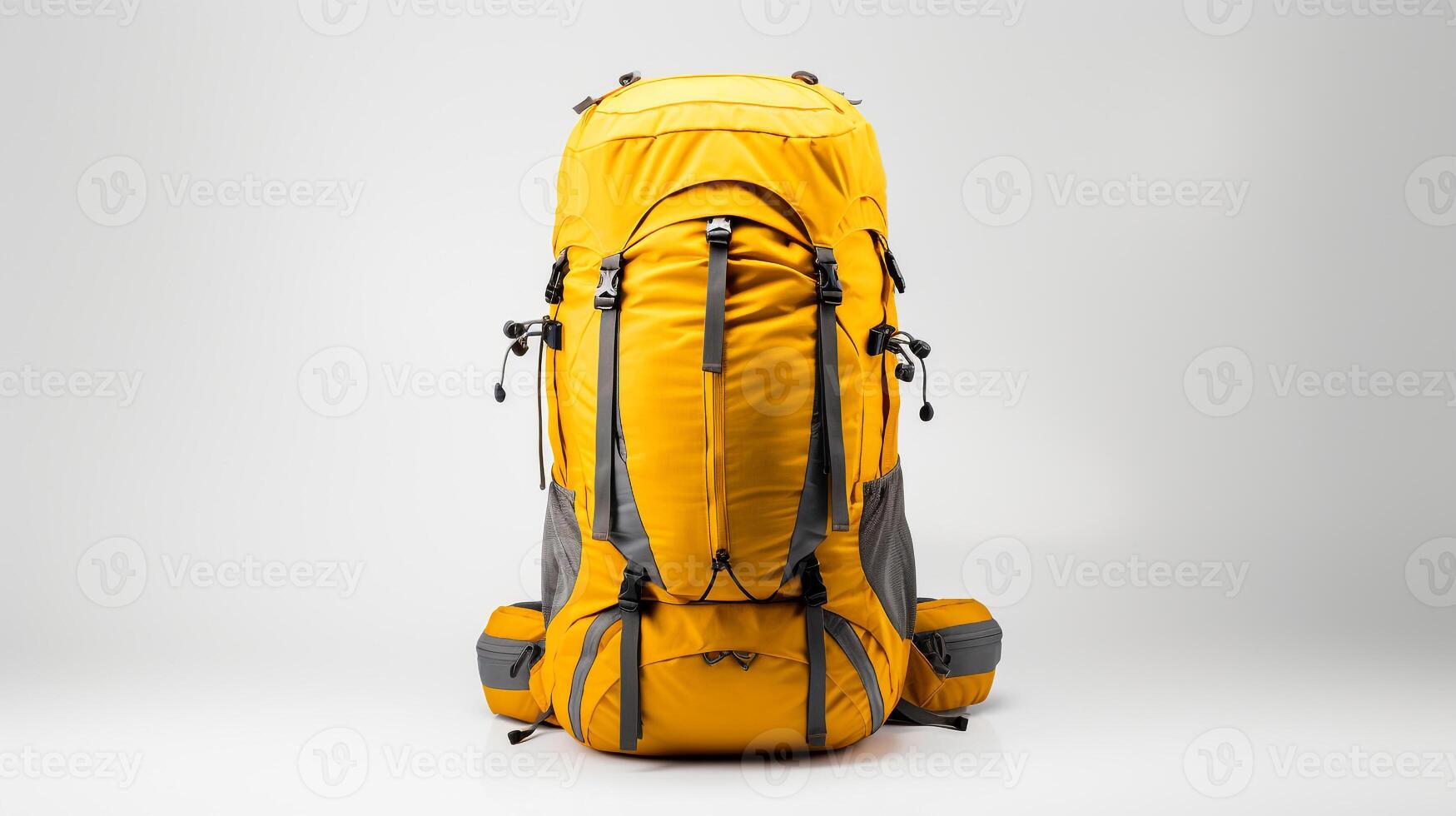 ai generado amarillo excursionismo mochila bolso aislado en blanco antecedentes con Copiar espacio para anuncio publicitario. ai generado foto