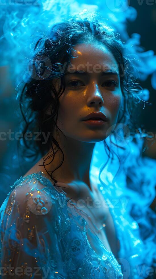 AI generated Portrait of Beautiful Woman in Blue Dress with Blue Light Effect. Generative Ai photo