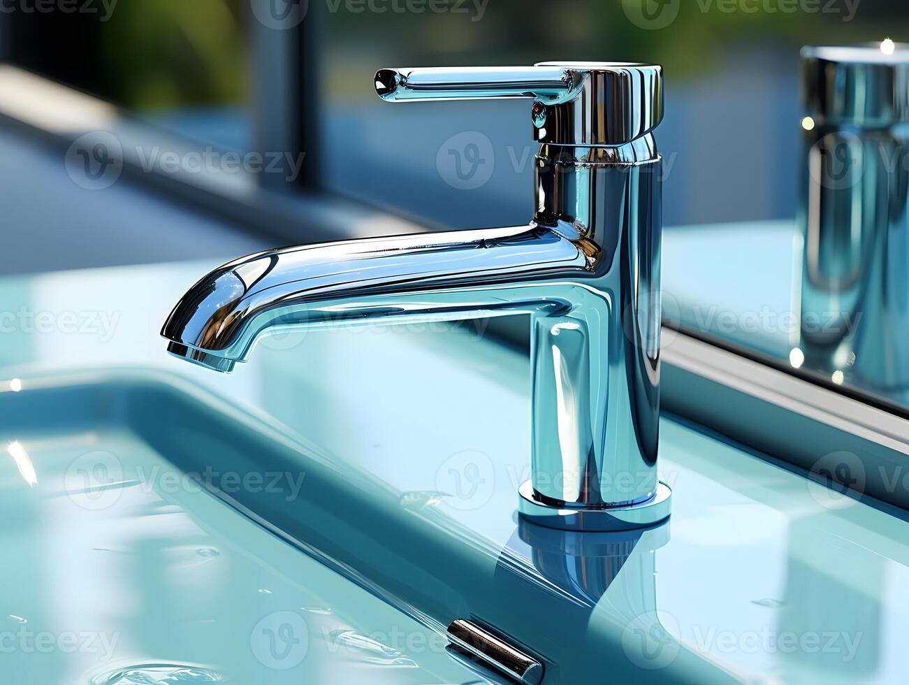 AI generated Steel Faucet at Kitchen Sink. Bathroom Water Tap. Generative Ai photo