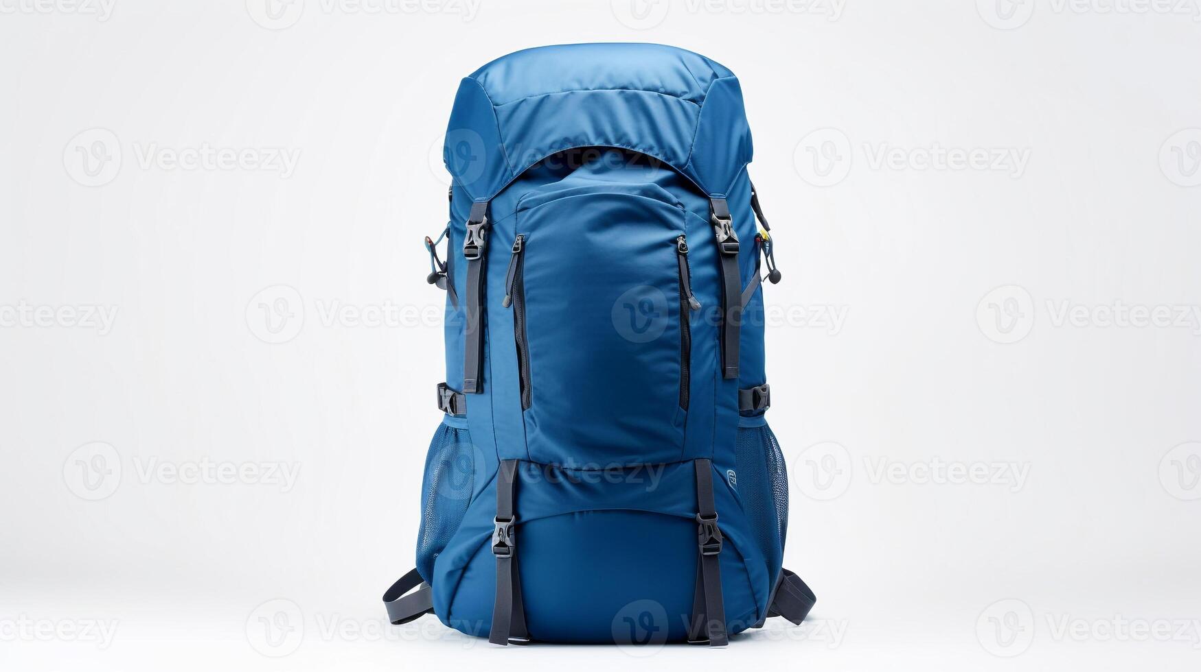 ai generado azul excursionismo mochila bolso aislado en blanco antecedentes con Copiar espacio para anuncio publicitario. ai generado foto