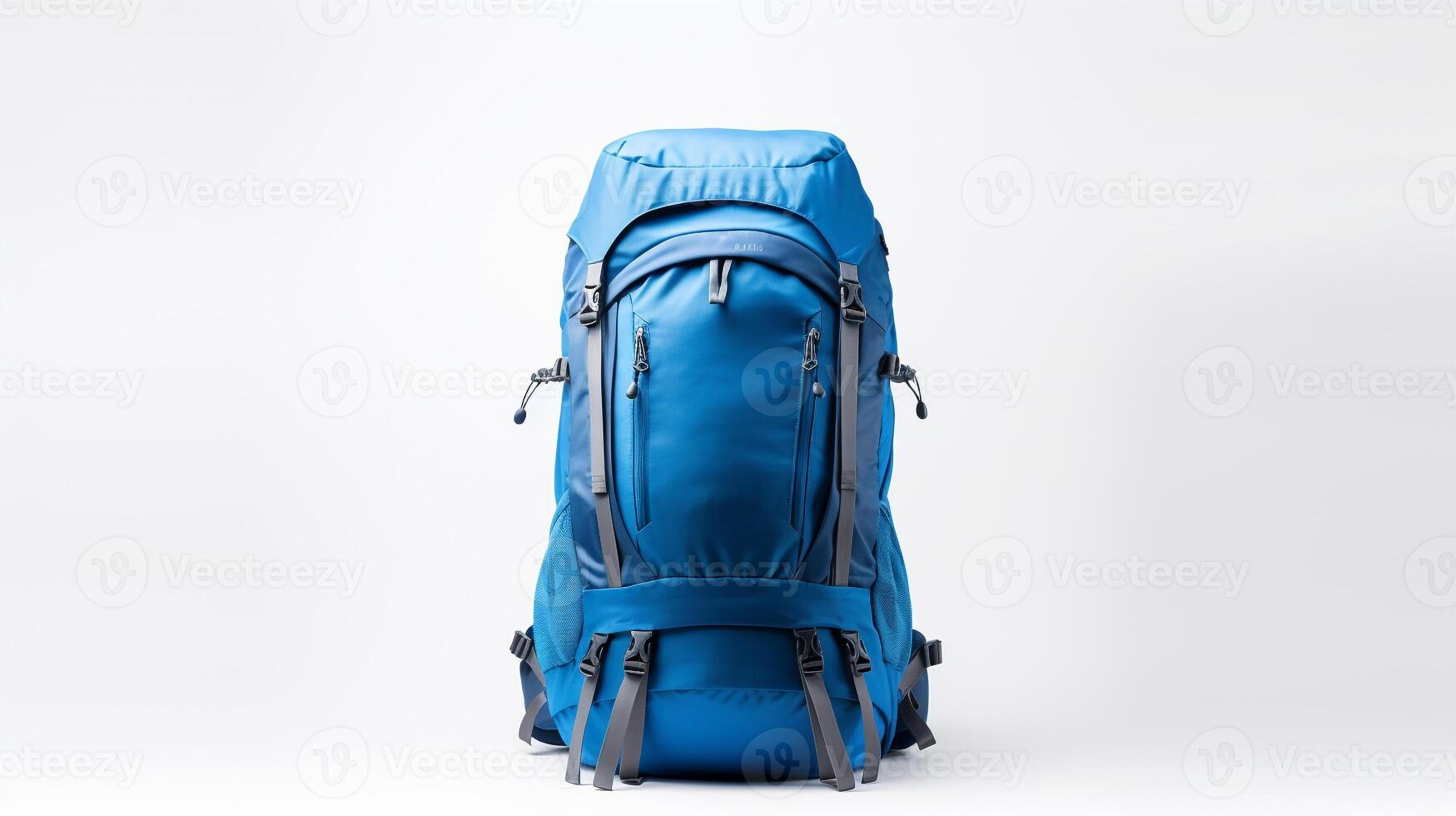 ai generado azul excursionismo mochila bolso aislado en blanco antecedentes con Copiar espacio para anuncio publicitario. ai generado foto