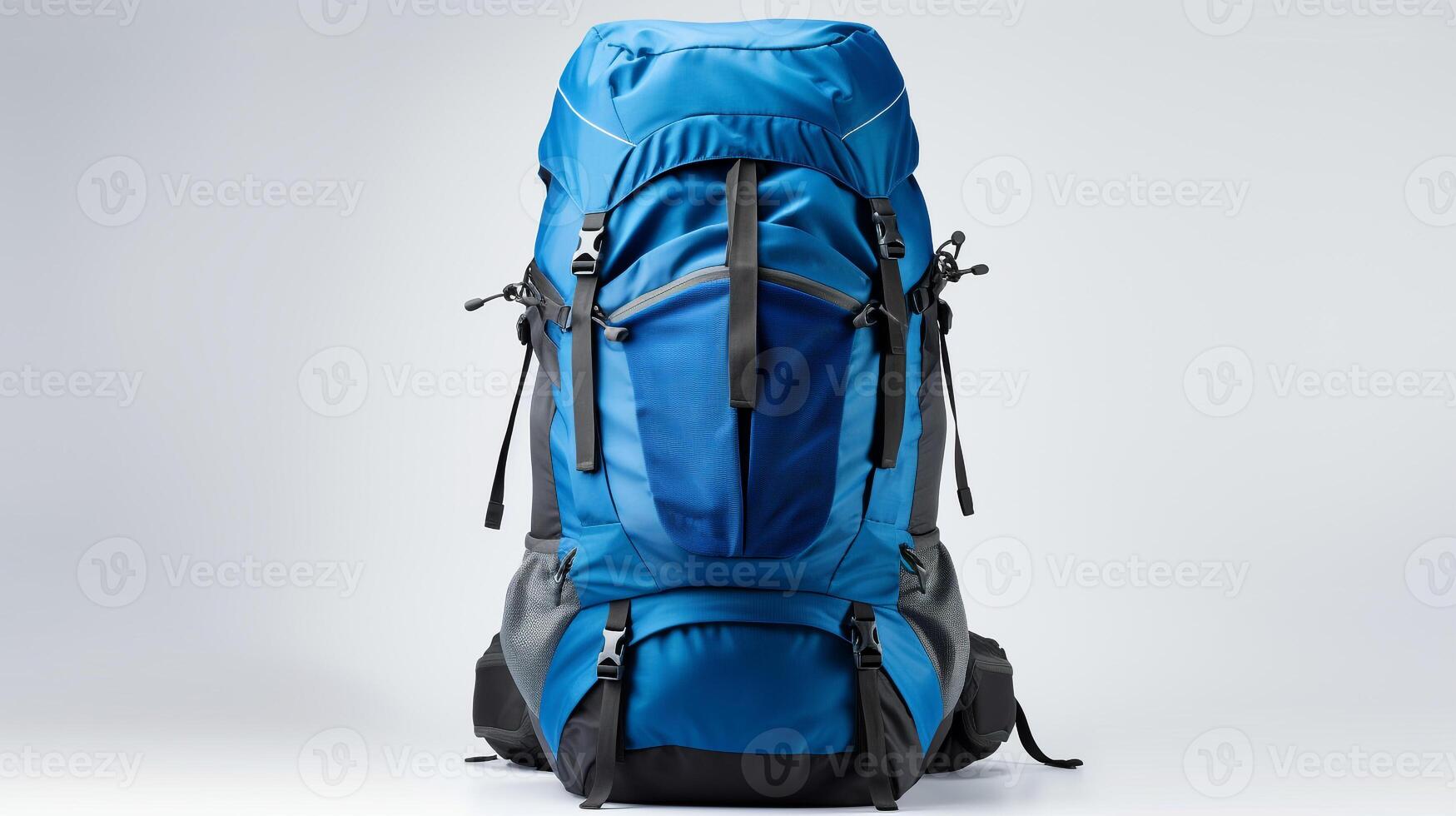 ai generado azul viaje mochila bolso aislado en blanco antecedentes con Copiar espacio para anuncio publicitario. ai generado foto