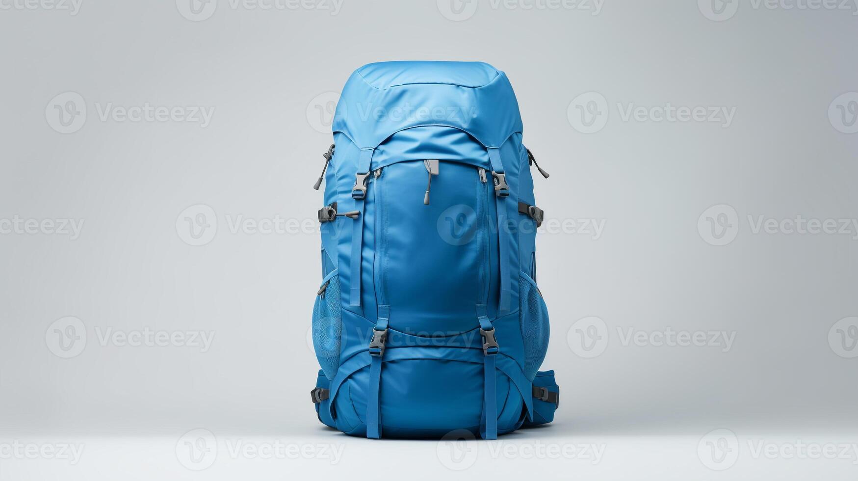 ai generado azul excursionismo mochila bolso aislado en blanco antecedentes con Copiar espacio para anuncio publicitario. ai generado foto