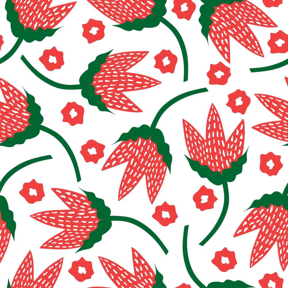 Seamless pattern with red ornamental tulips on a white background. vector