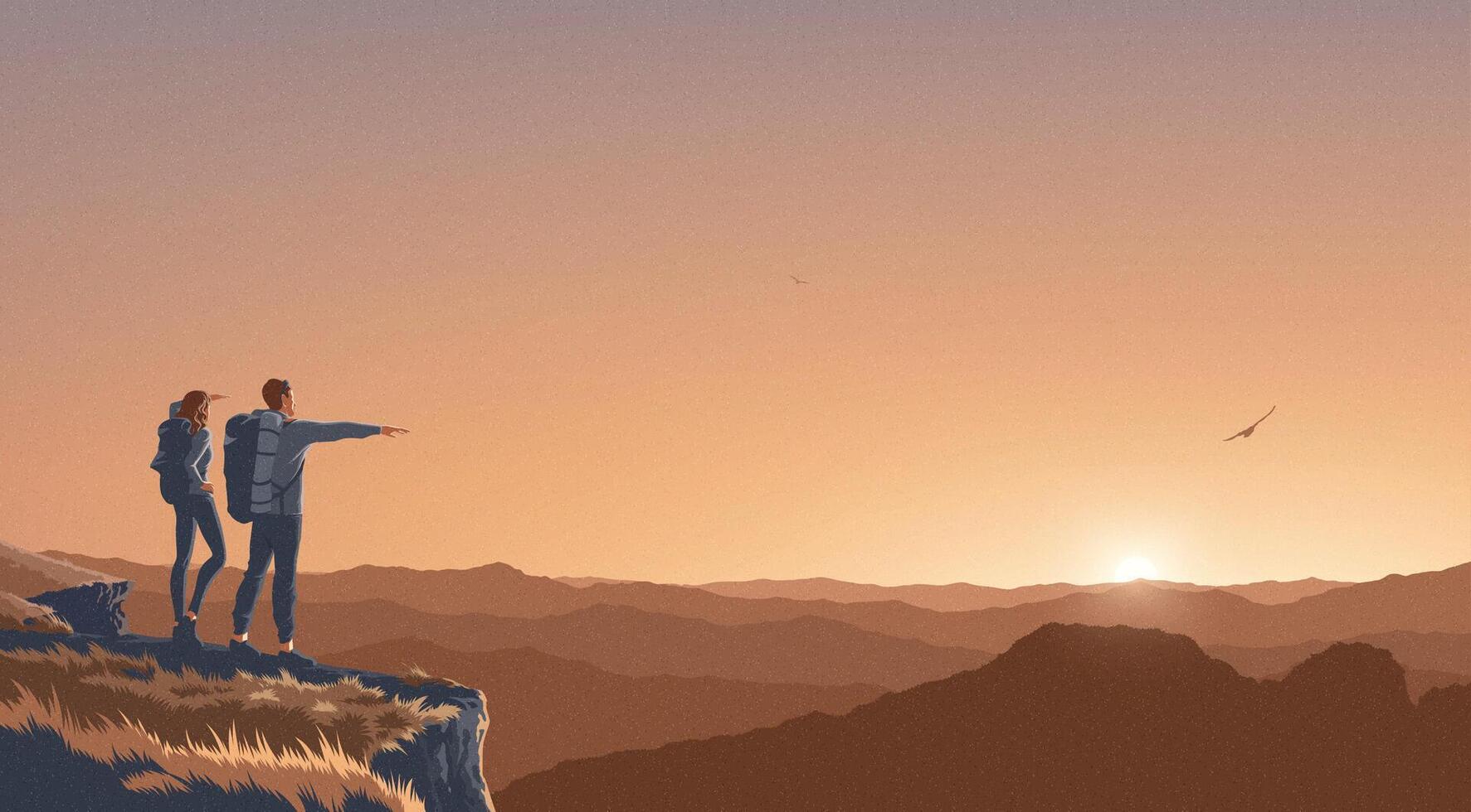 a couple observing and admiring the view on the peak of the cliff with the background of a vast landscape of hundreds of mountains. vector