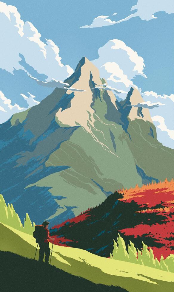 a man walking down from the mountain with the background of a high mount. vector