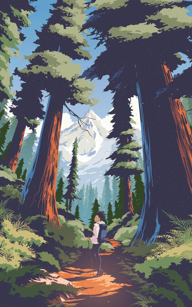 a woman trekking in a pine forest in a national park with the farther background of beautiful mounts. vector