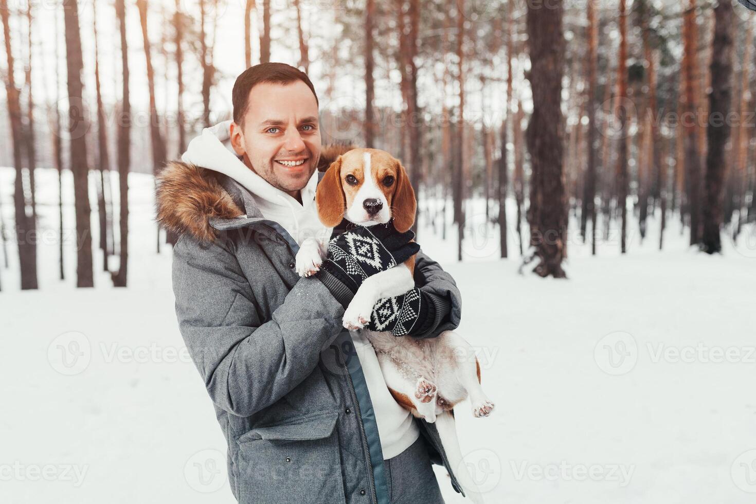 A young man in a snowy winter forest holds a dog breed Beagle. photo
