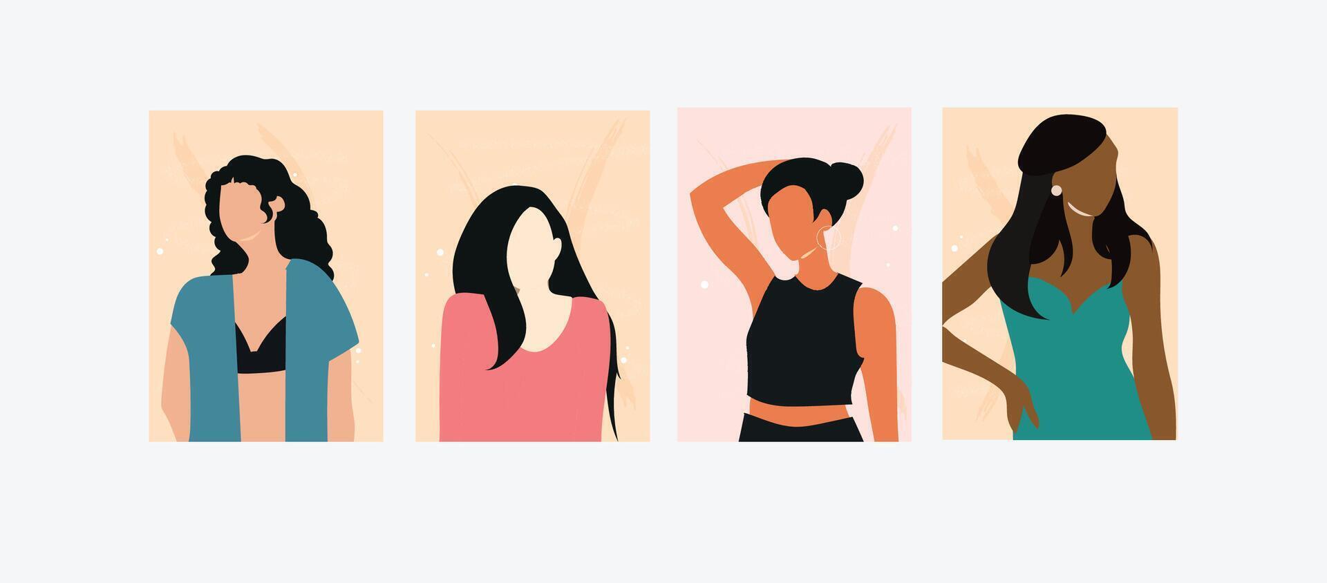 Vector female portrait posters wall art home decor. Boho aesthetics set. Minimalist female faces. Paper cut style diverse skin