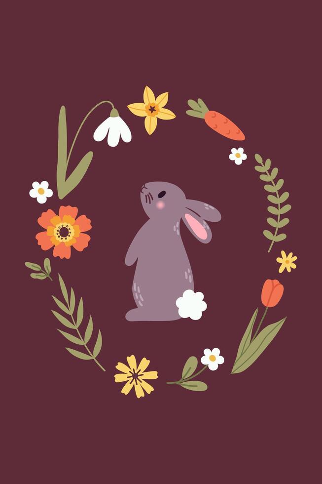 Easter greeting card with cute bunny, spring flowers. Vector flat illustration.