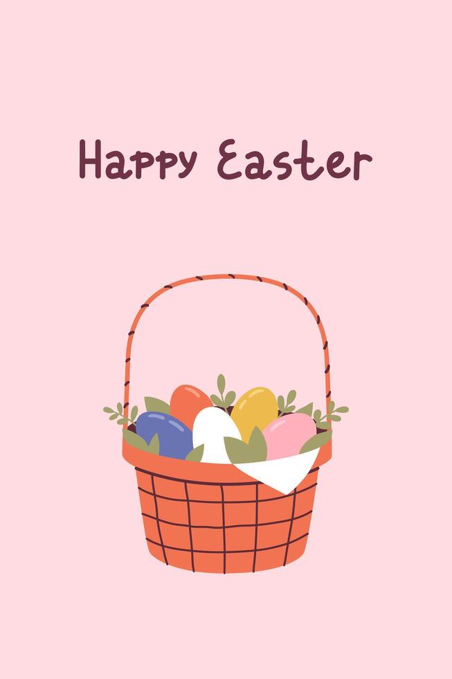 Pascua de Resurrección saludo tarjeta con cesta con Pascua de Resurrección huevos. vector plano ilustración.