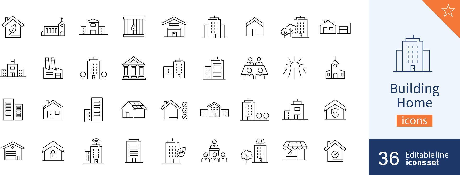 Building icons Pixel perfect. Home, tower, garage, .... vector