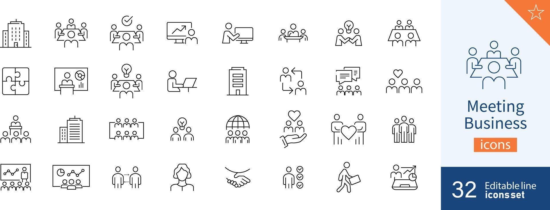 conjunto de 32 reunión negocio web íconos en línea estilo. líder, gerente, evento, negocio, comunicación. vector ilustración.