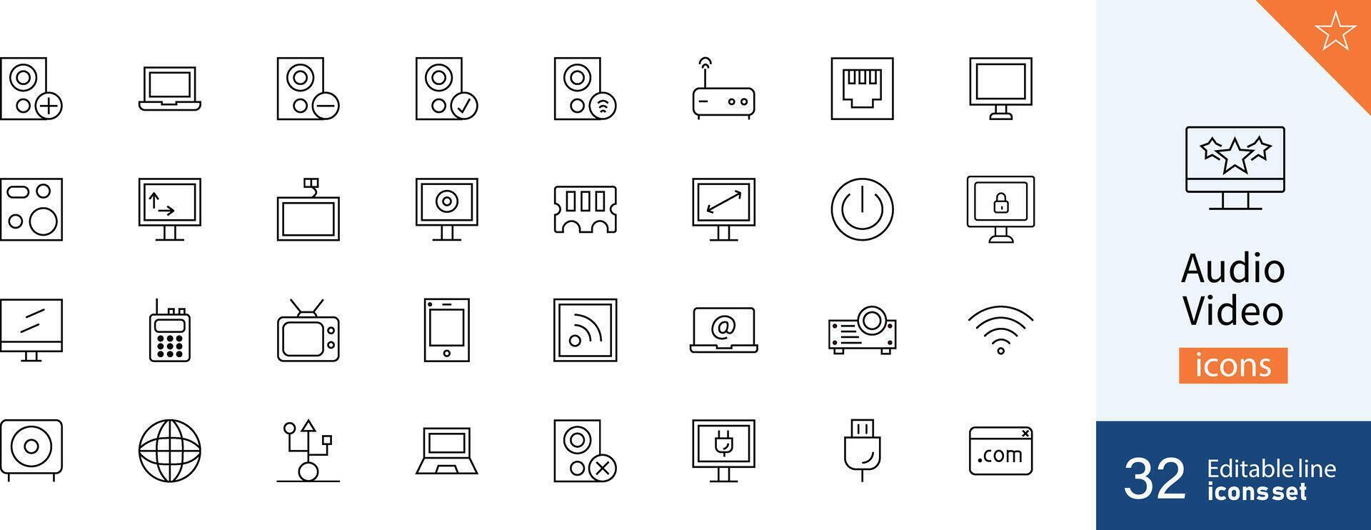 Set of 32 Audio and Video web icons in line style. Audio, video, icon, thin, line, flat. Vector illustration.