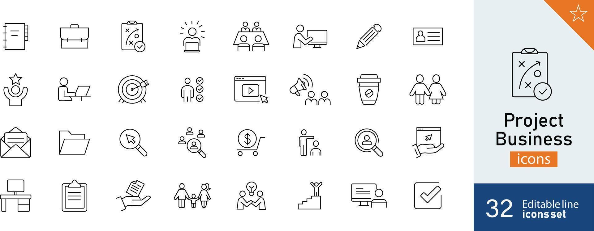 conjunto de 32 proyecto negocio íconos en línea estilo. compras, comercio, icono, almacenar. vector ilustración.