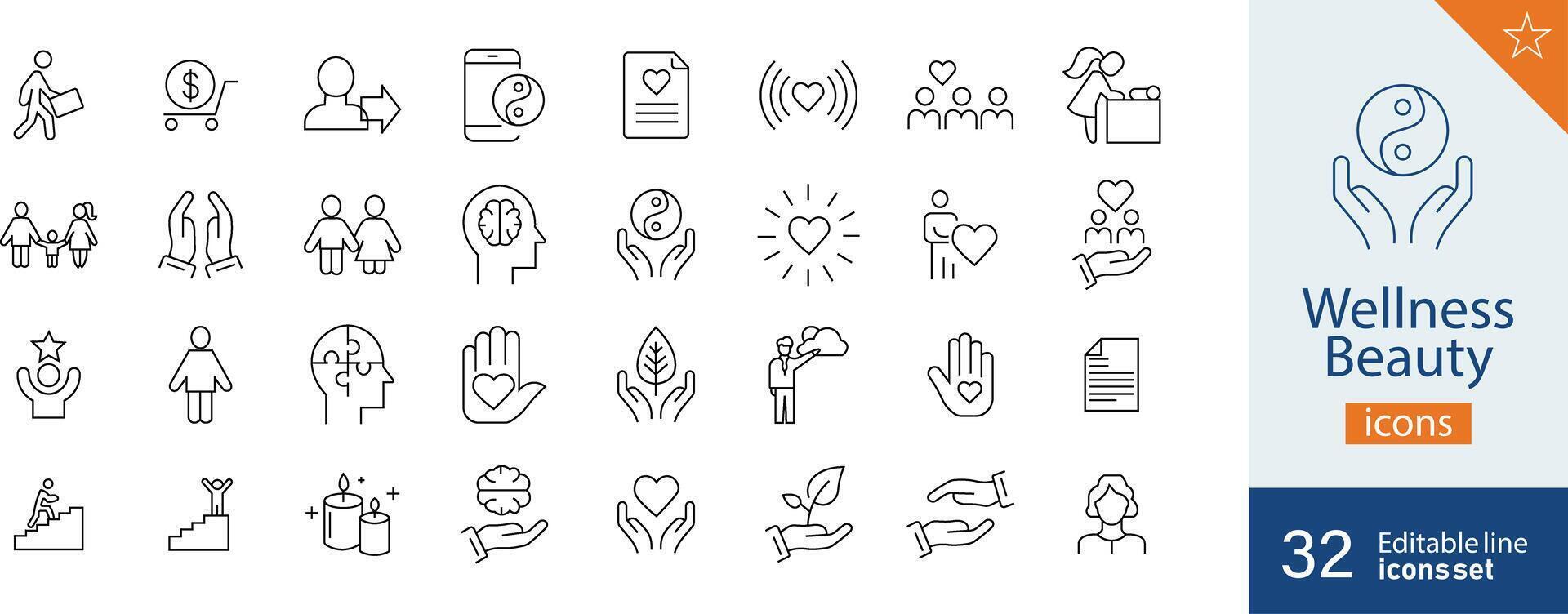 Set of 32 Wellness Beauty web icons in line style. brain, care, health, mental, activity. Vector illustration.